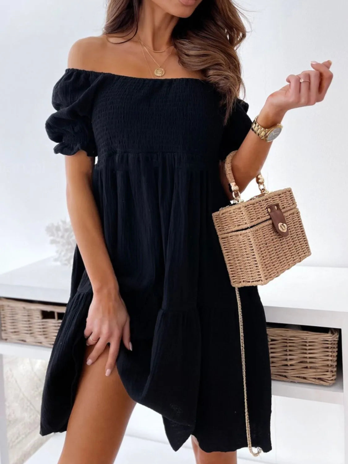Smocked Off-Shoulder Mini Dress Black