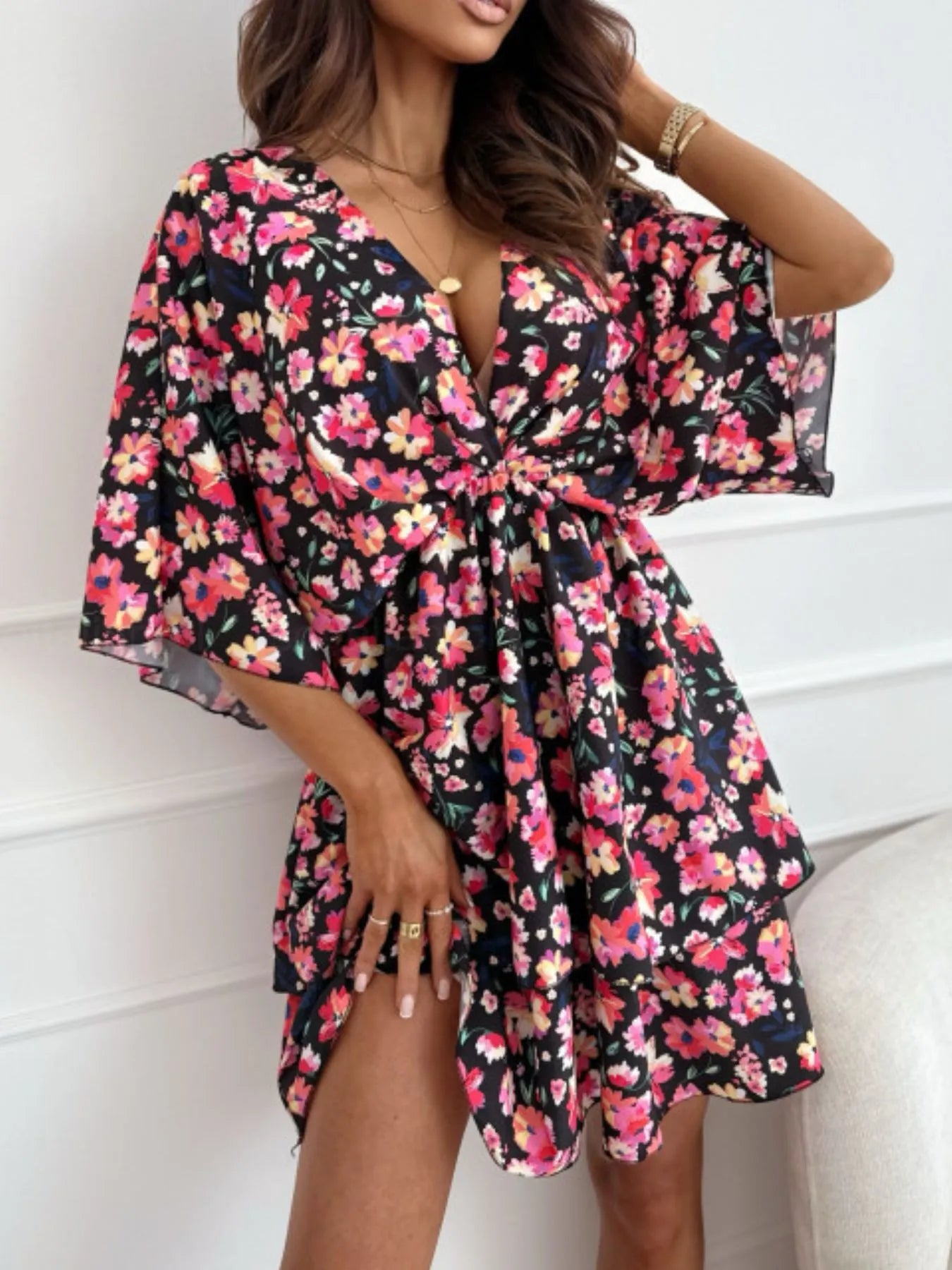 Floral Print V-Neck Ruffle Mini Dress