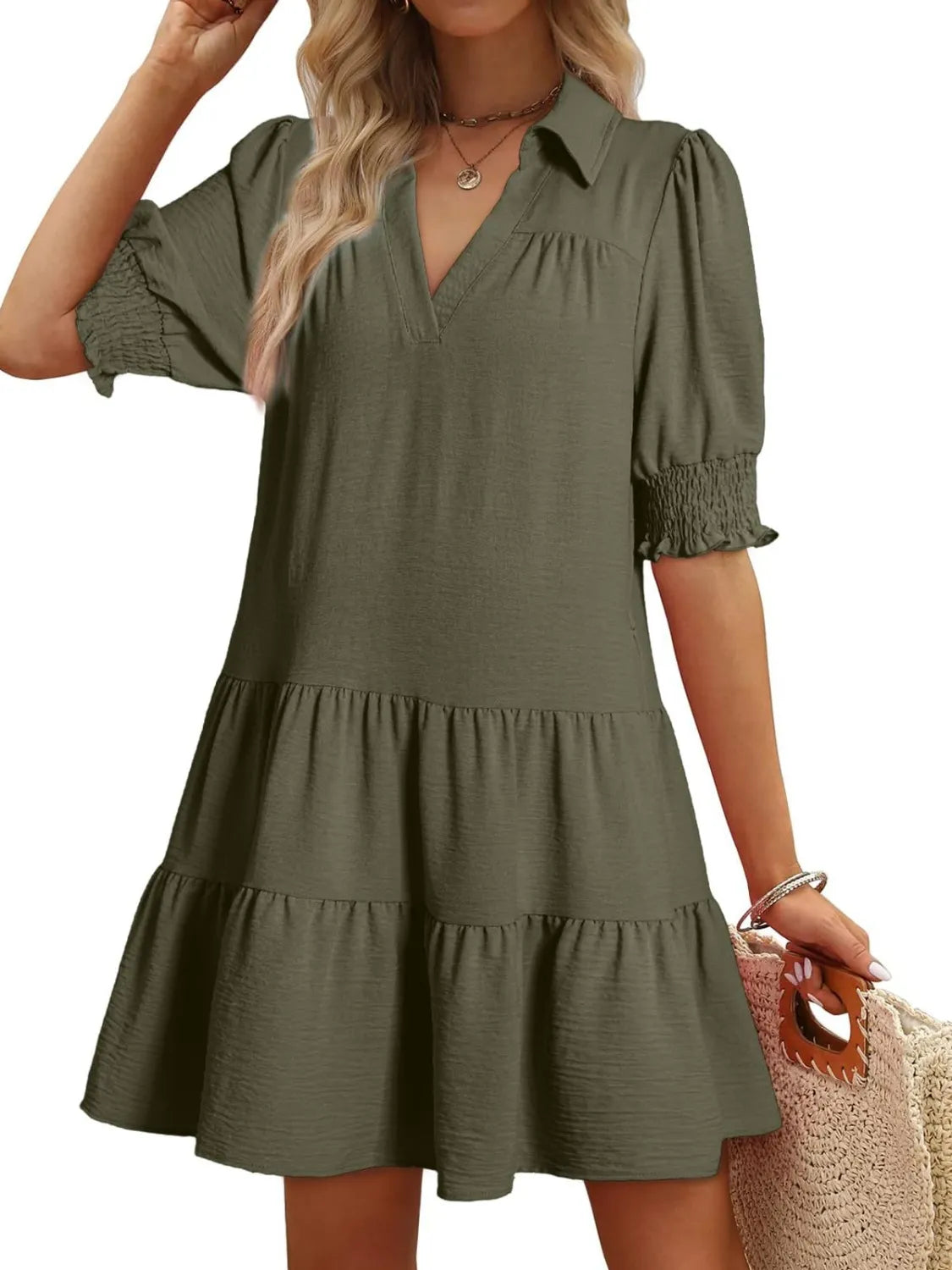 Johnny Collar Short Sleeve Mini Dress Moss