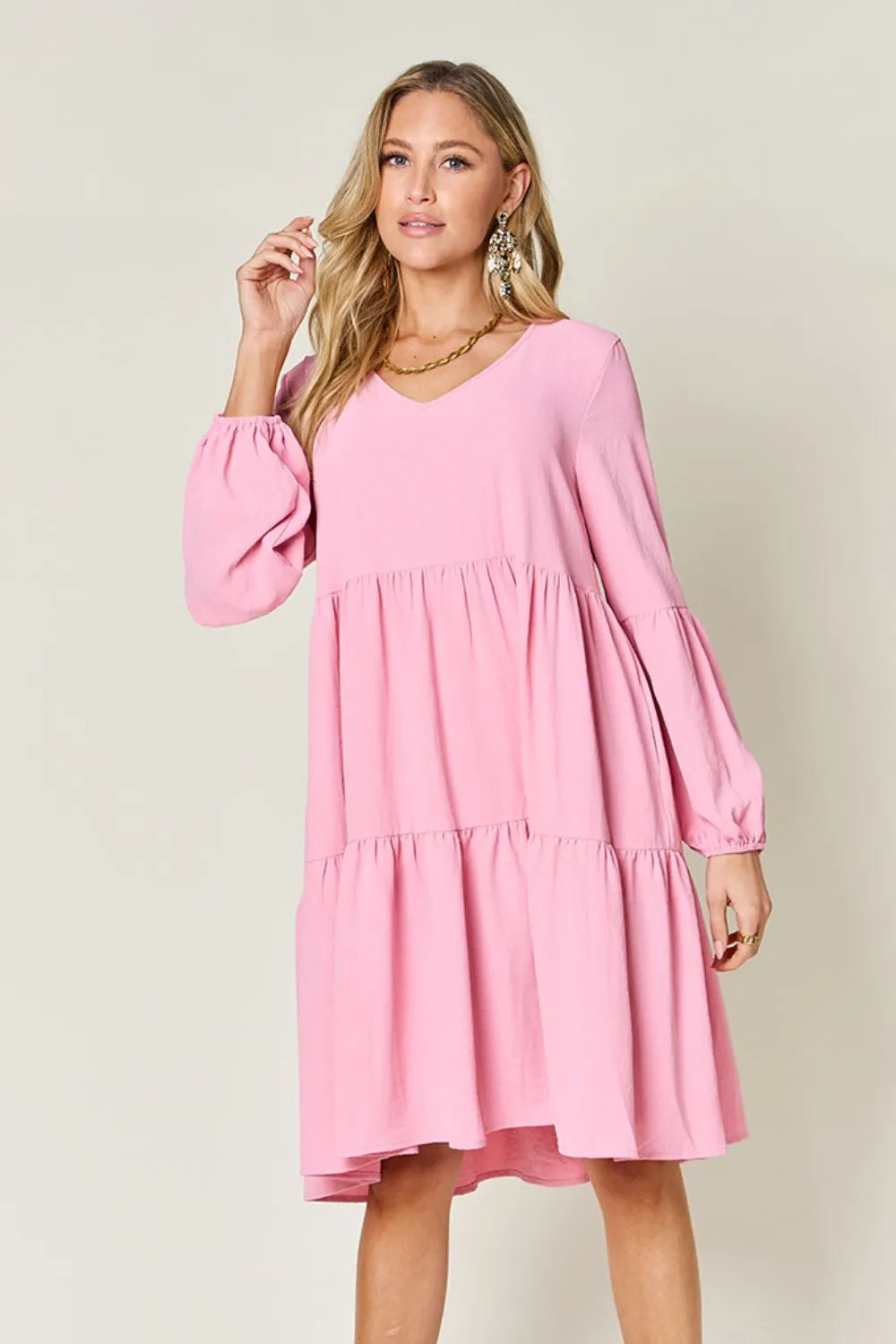 Double Take Full Size V-Neck Balloon Sleeve Tiered Dress with Pockets Pink
