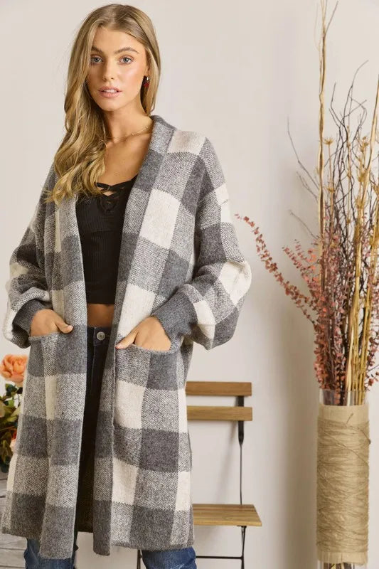 ADORA Full Size Checker Sweater Cardigan Plus Size