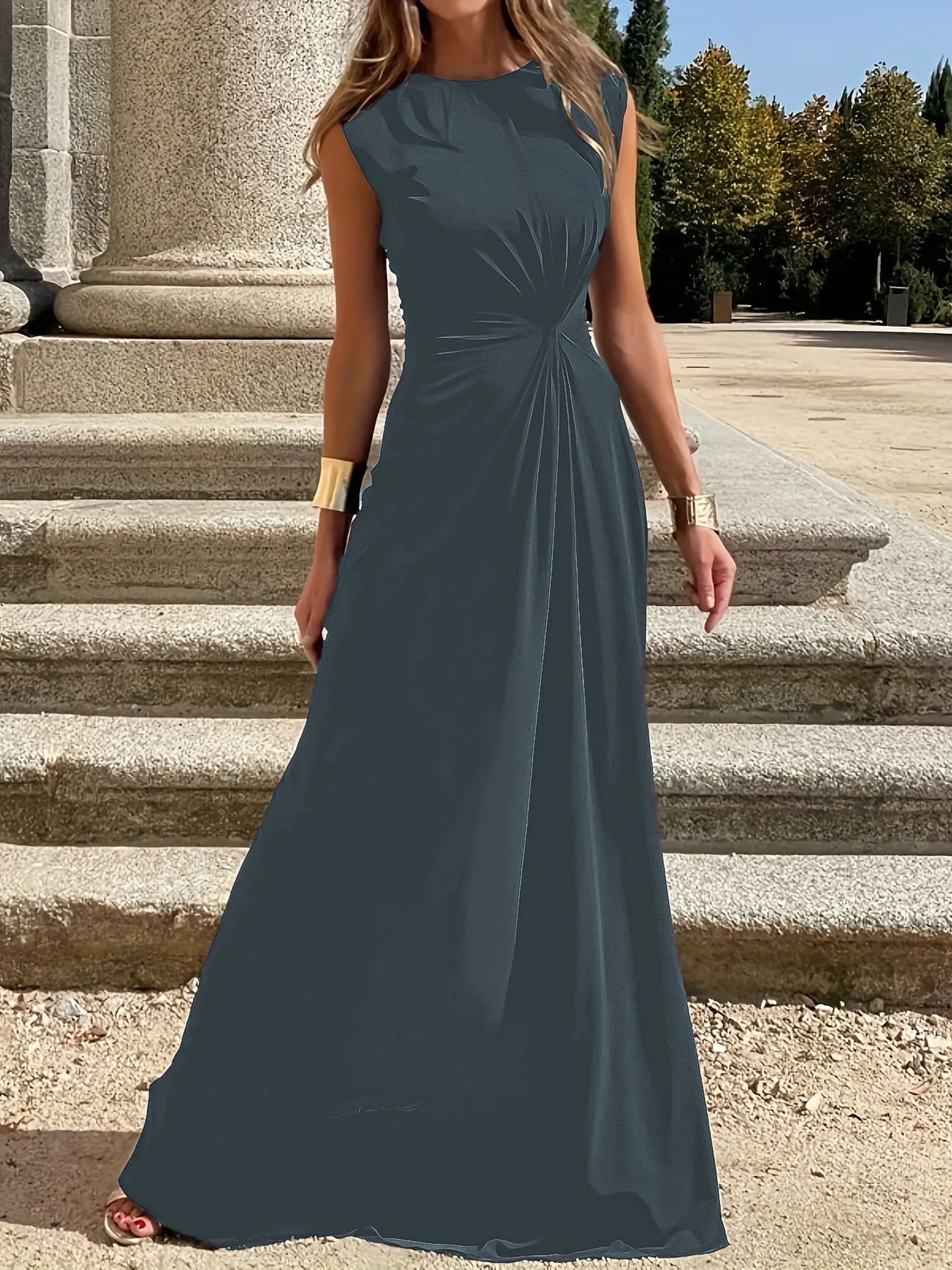 Round Neck Sleeveless Maxi Dress French Blue