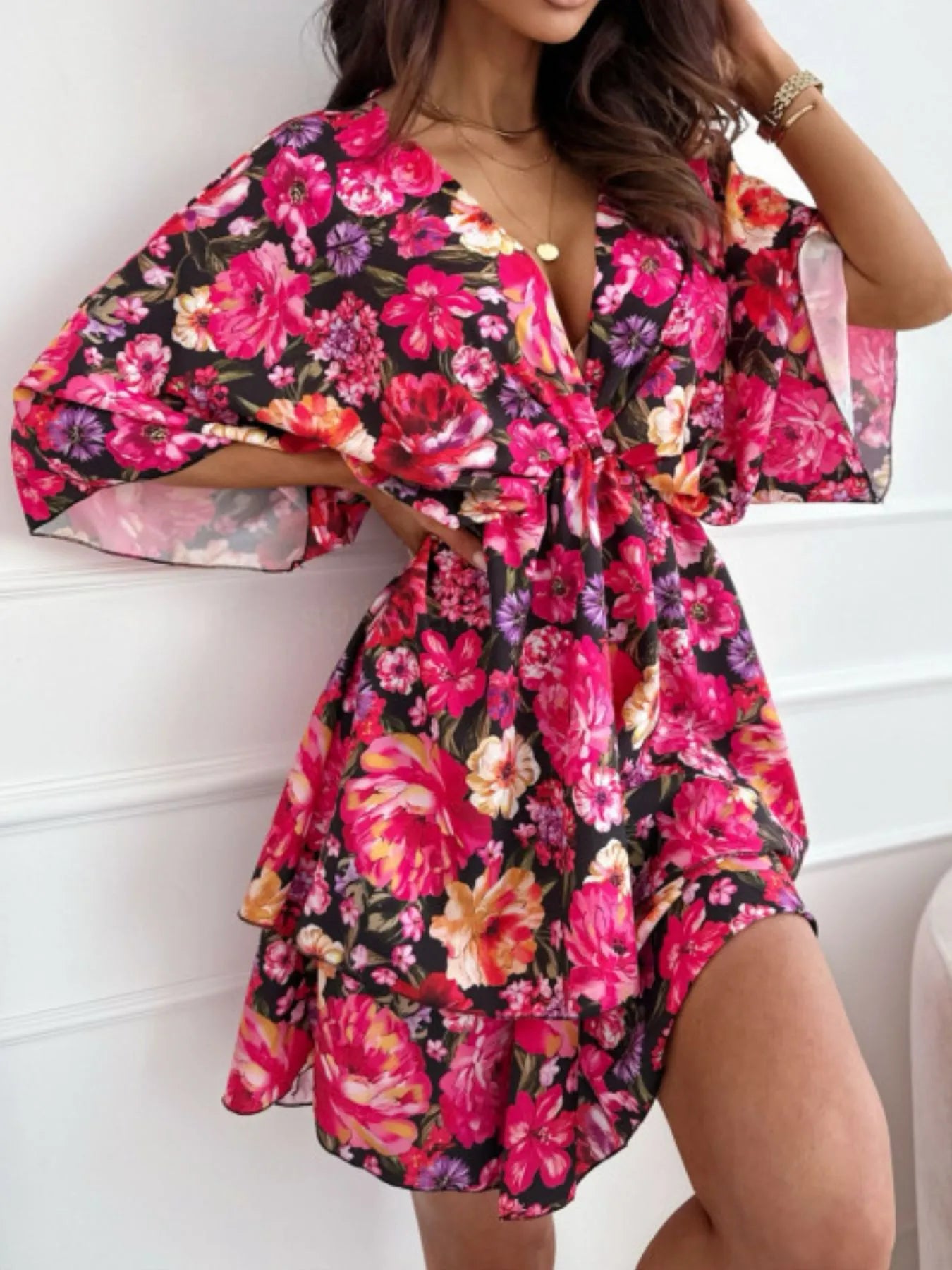 Floral Print V-Neck Ruffle Mini Dress