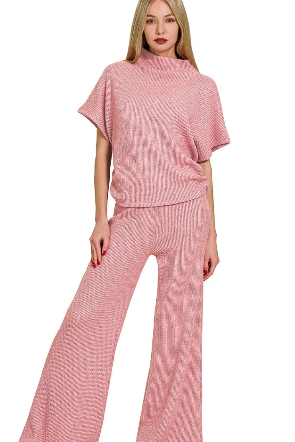 Zenana Sweater Mock Neck Top & Long Pants Set LT ROSE