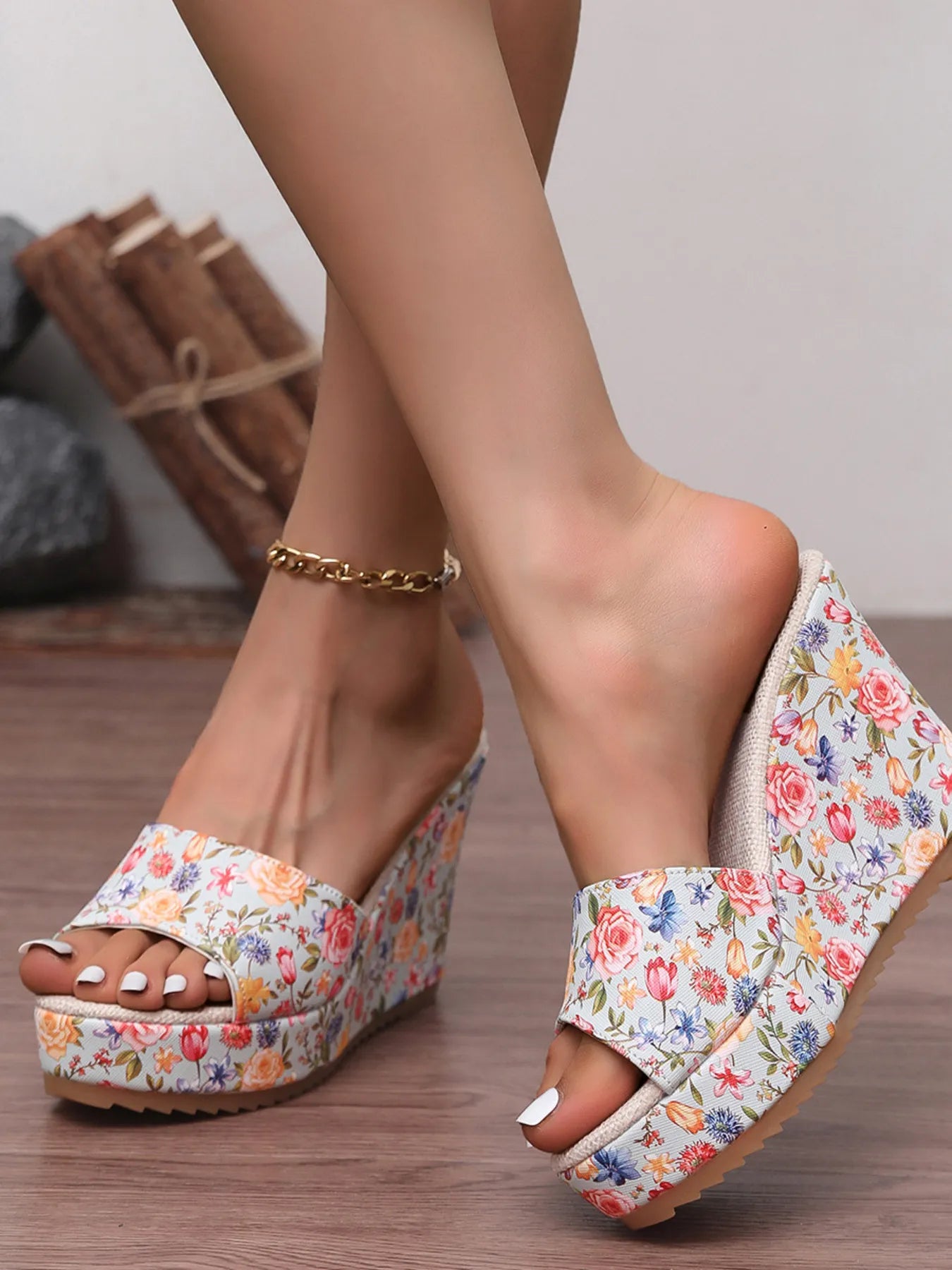 Floral Print Platform Wedge Sandals