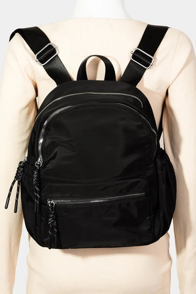 Fame Adjustable Strap Nylon Backpack Bag with Side Pockets Black One Size