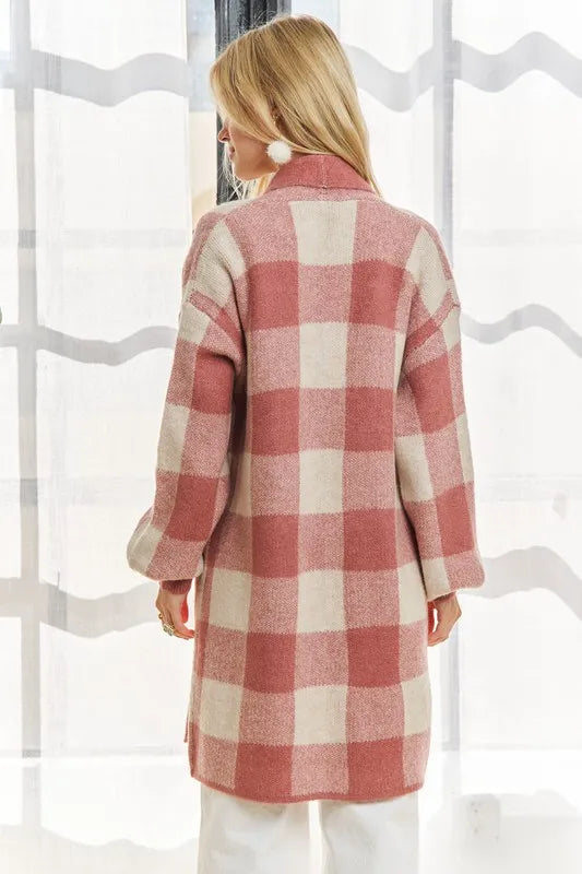 ADORA Full Size Checker Sweater Cardigan Plus Size