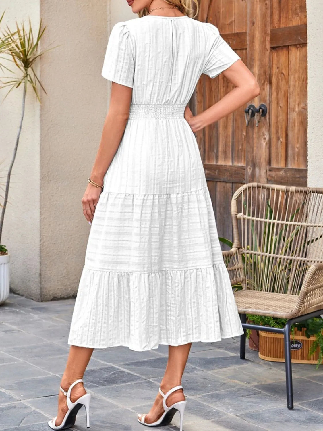 Tiered Notched Short Sleeve Dress