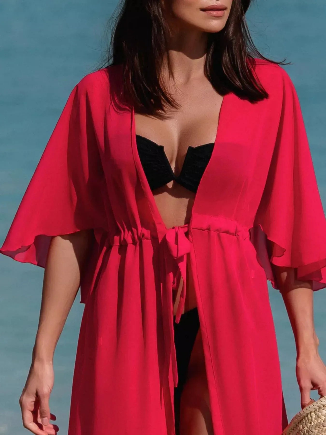 Solid Color Flutter Sleeve Cover-Up Deep Red One Size