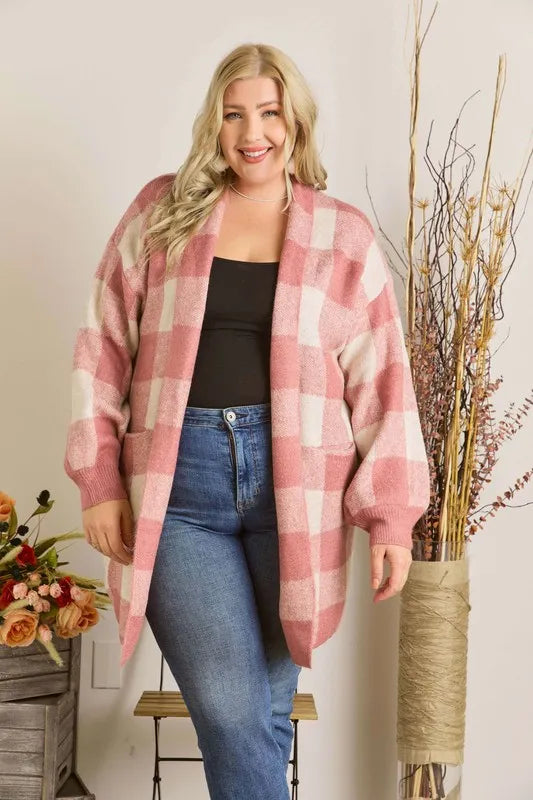 ADORA Full Size Checker Sweater Cardigan Plus Size