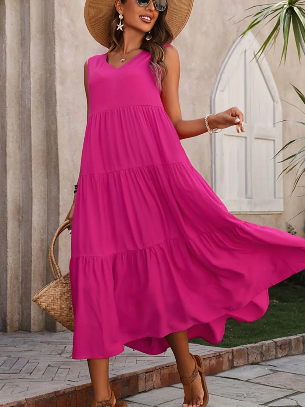 Tiered V-Neck Sleeveless Dress