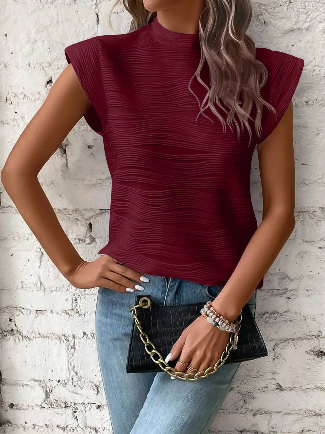 Mock Neck Cap Sleeve Top