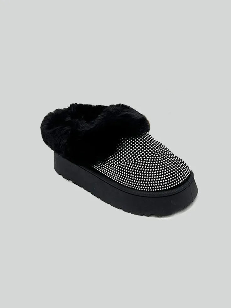 WILD DIVA Embellished Faux Fur Platform Booties Black