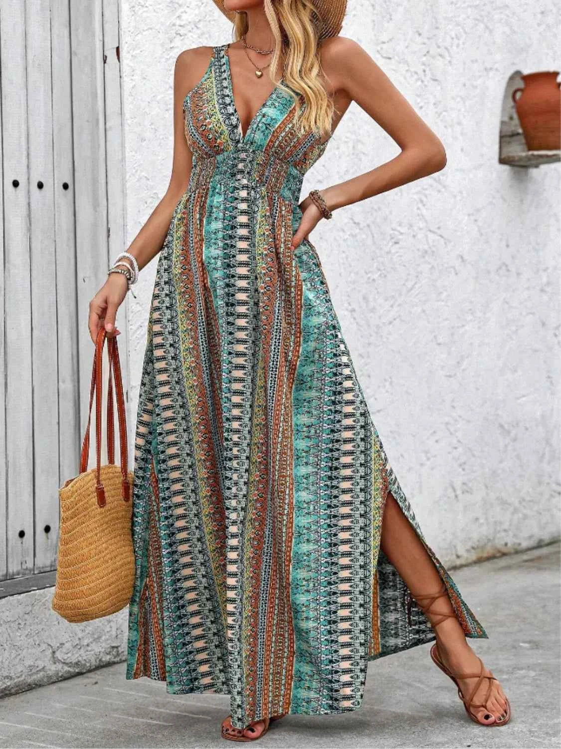 Tied Back Printed Sleeveless Maxi Slit Dress Turquoise