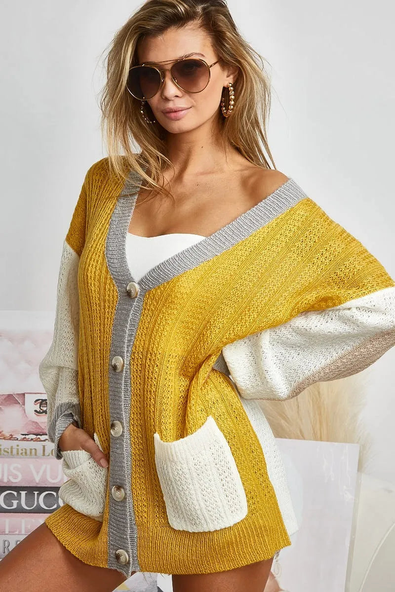 BiBi Color Block Sweater Cardigan with Button Closure MUSTARD IVORY