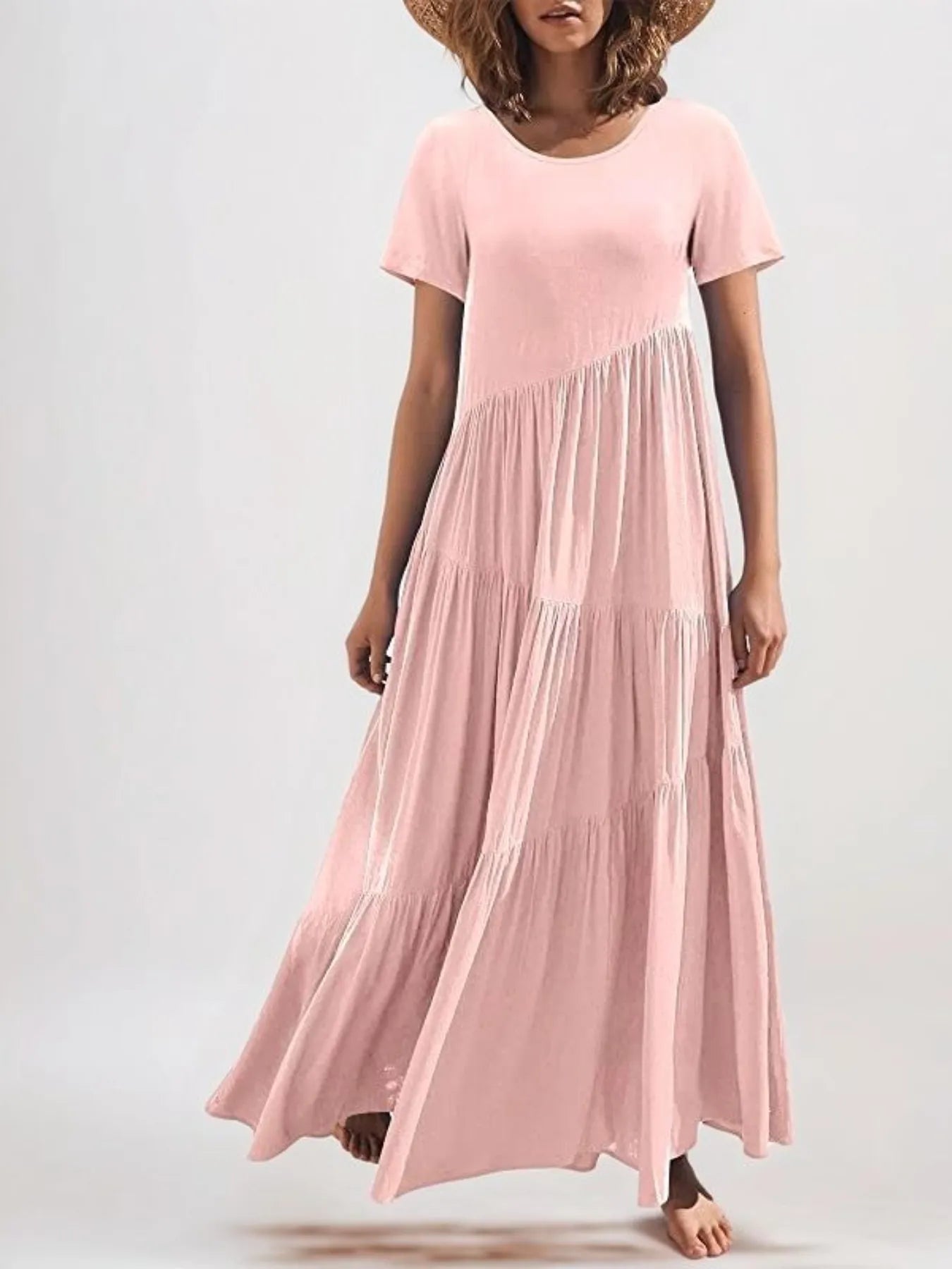 Round Neck Tiered Ruffle Maxi Dress Pink