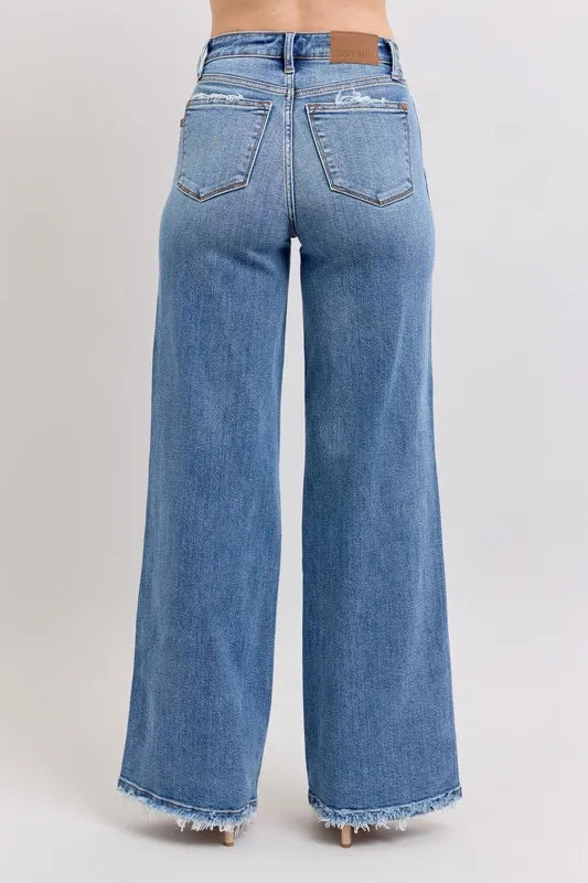 Judy Blue Full Size Raw Hem Wide Leg Jeans Plus Size