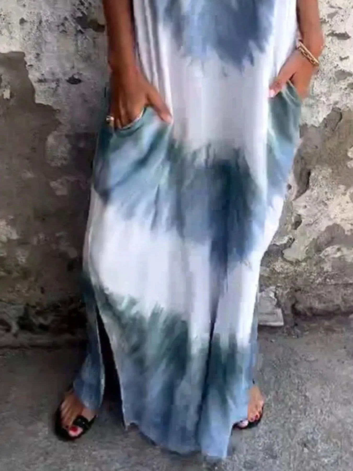 Full Size Tie-Dye V-Neck Midi Dress with Pockets Plus Size