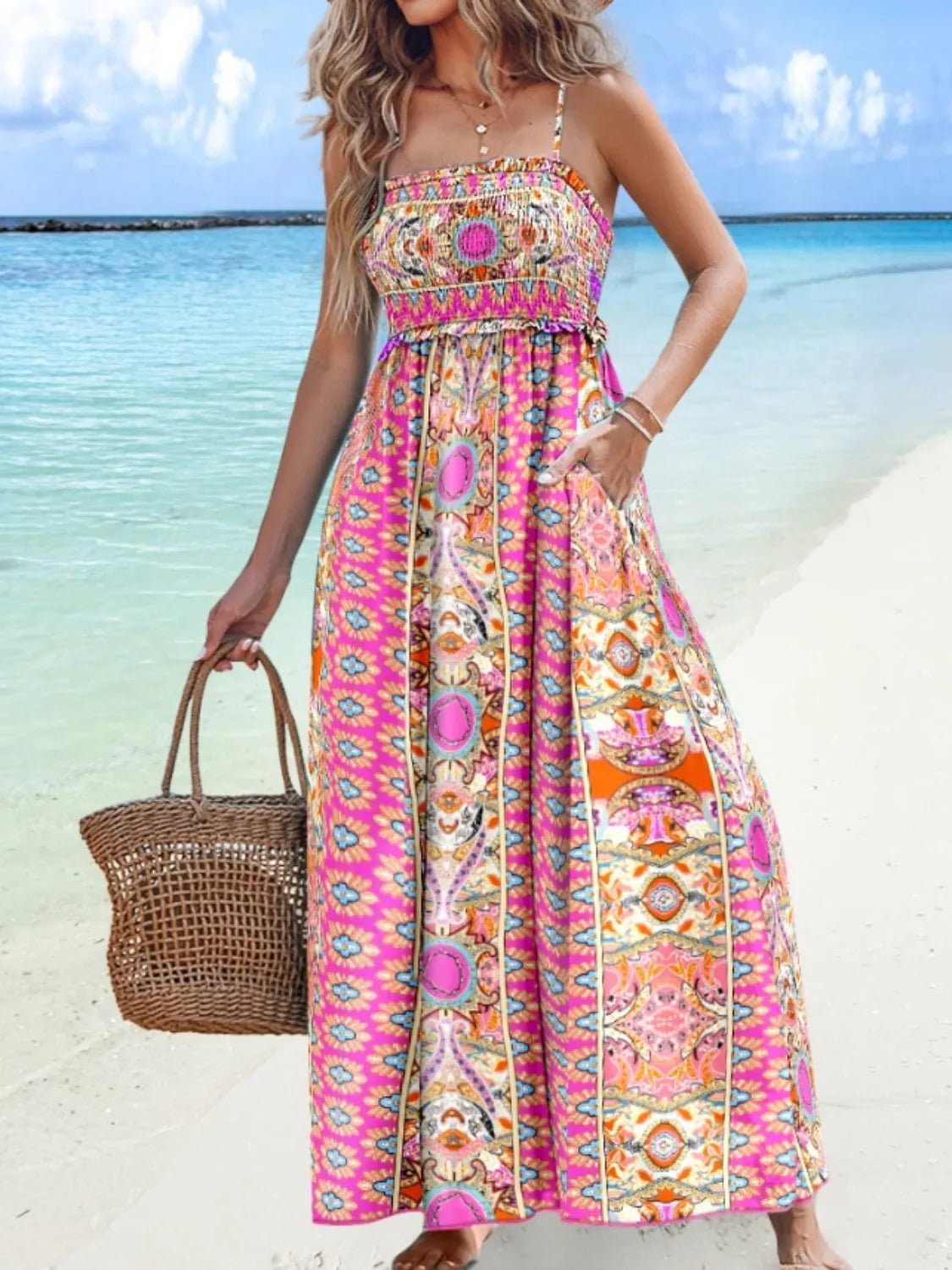Printed Smocked Maxi Cami Dress Pink