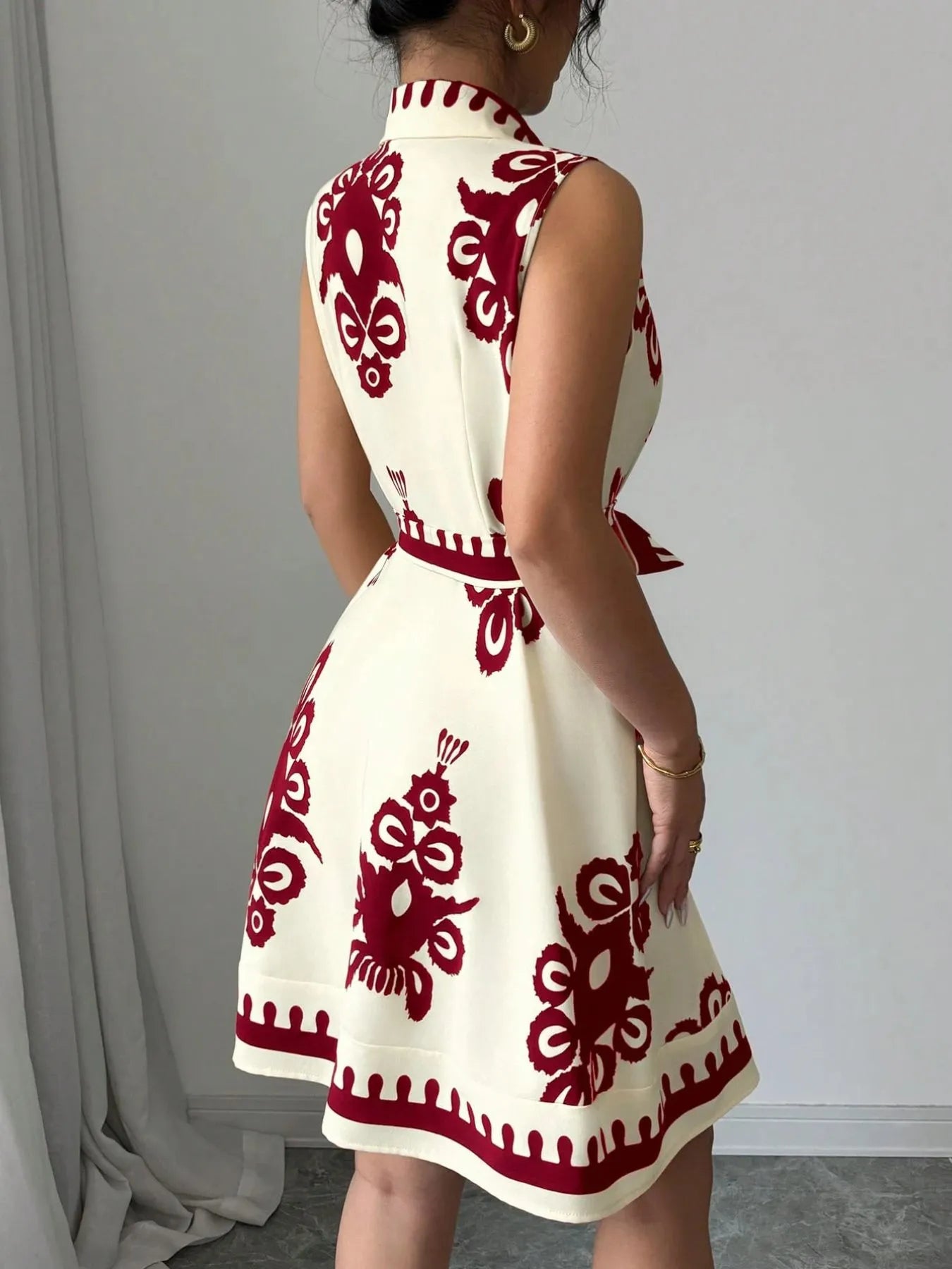 Printed Sleeveless Tie Waist Mini Dress