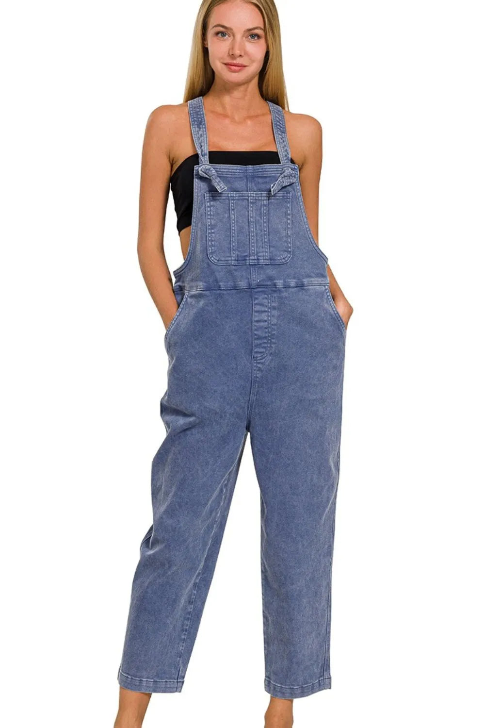 Zenana Washed Knot Strap Relaxed Fit Overalls BLACKBERRY