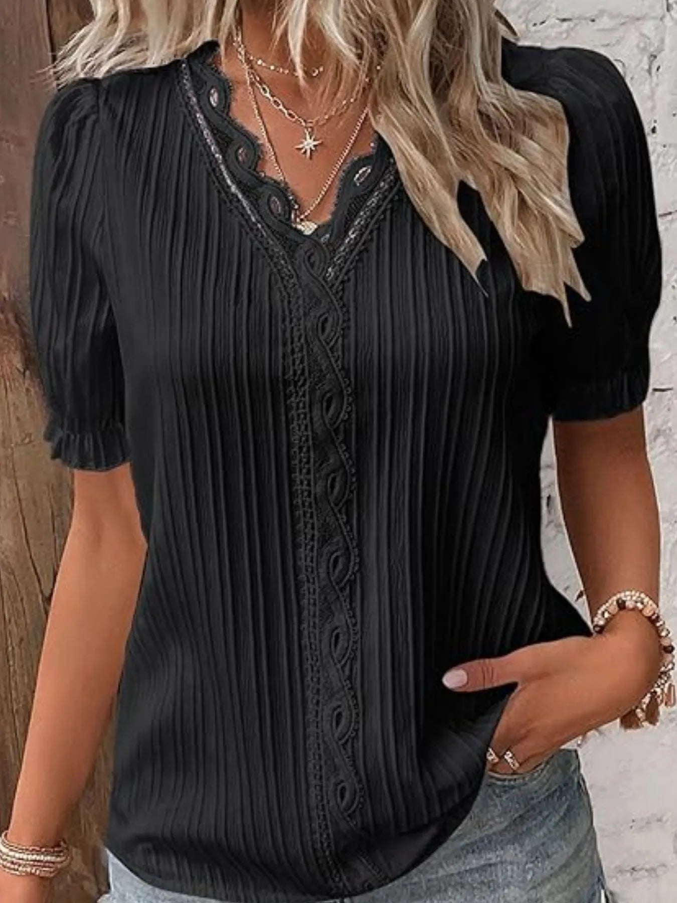 Full Size Lace Detail V-Neck Blouse Plus Size Black