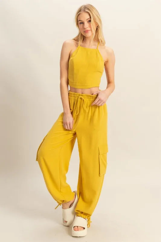 HYFVE Crop Top and Cargo Pants Set MUSTARD
