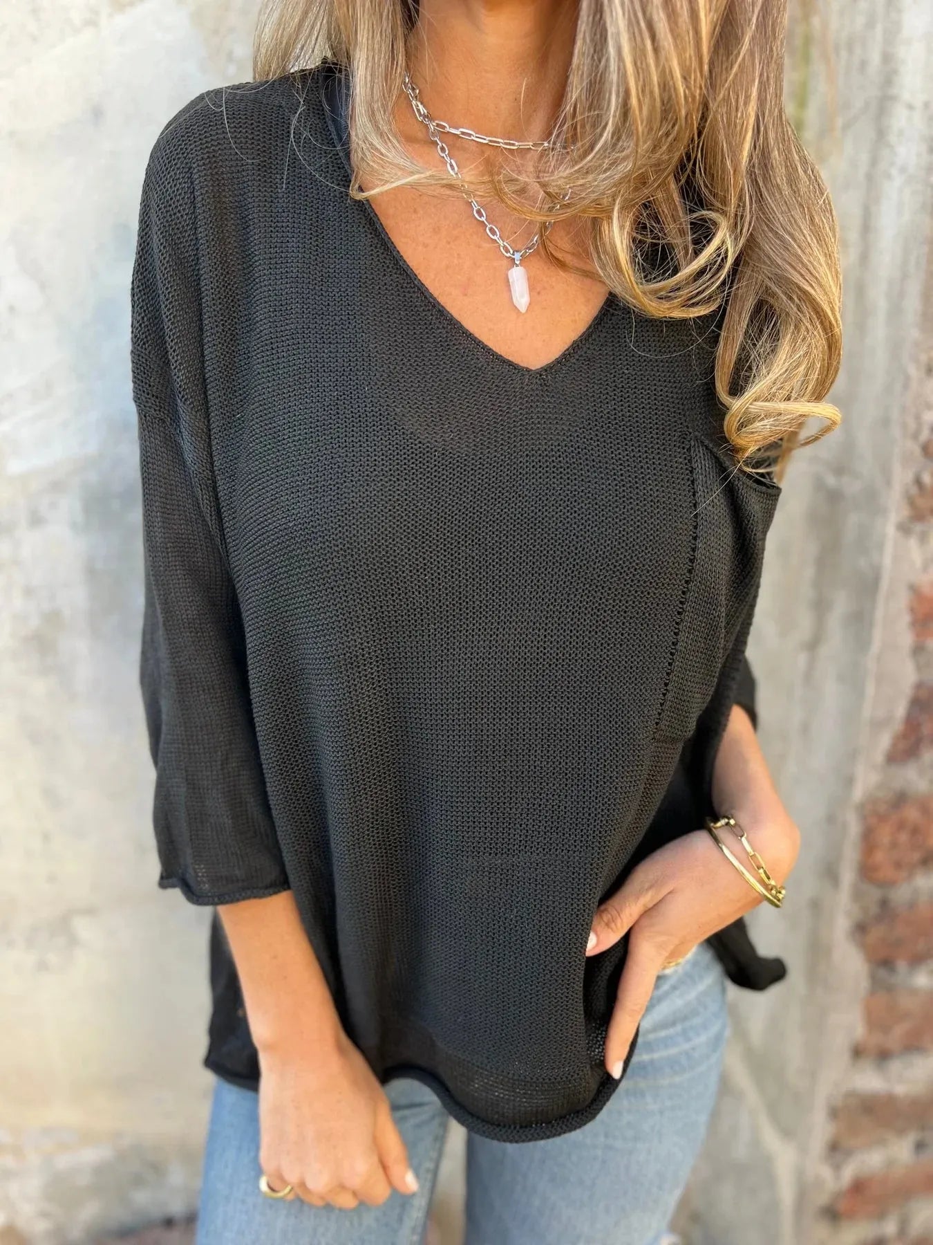 Full Size Casual V-Neck Knit Sweater Plus Size
