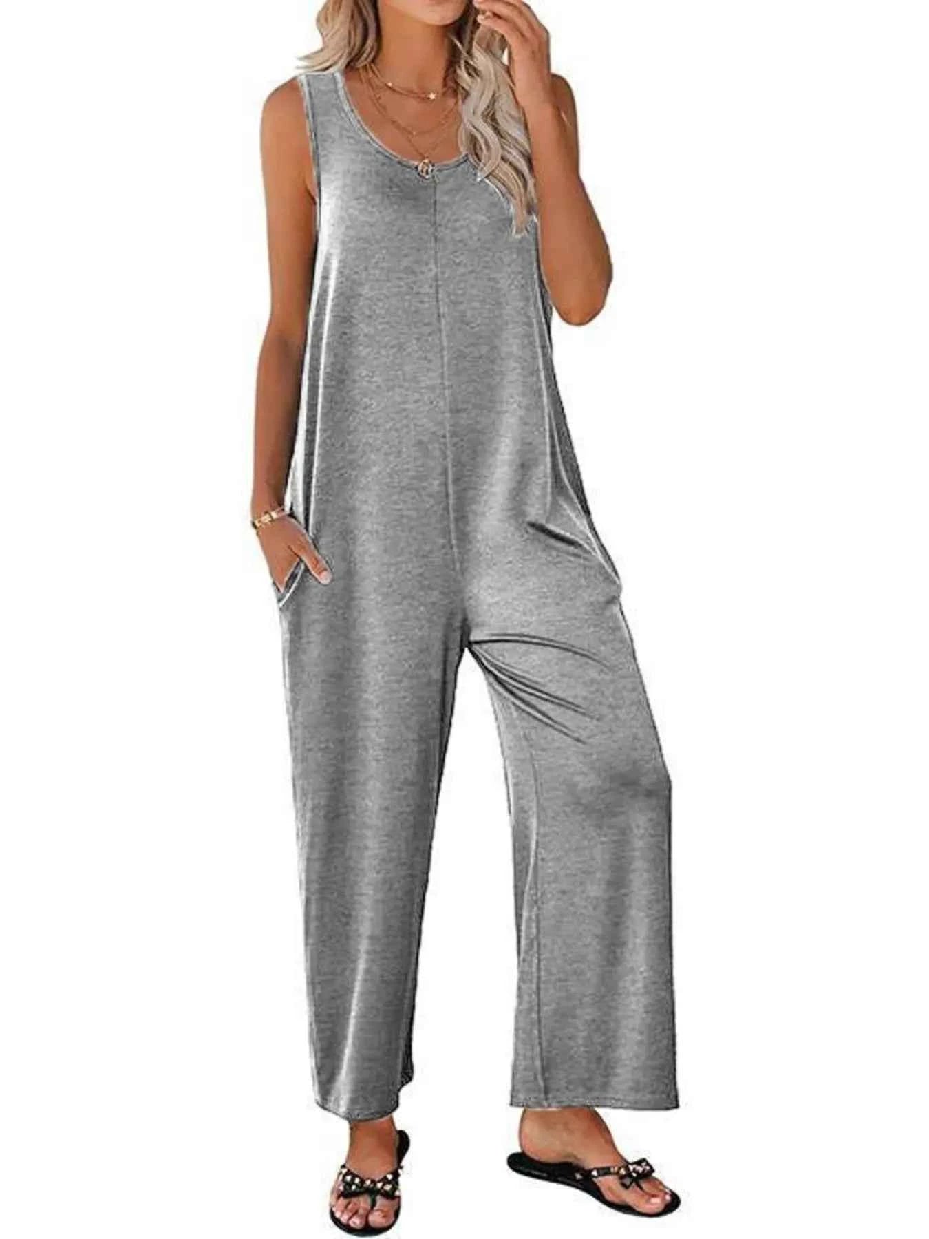 Sleeveless Wide Leg Casual Jumpsuit Grey