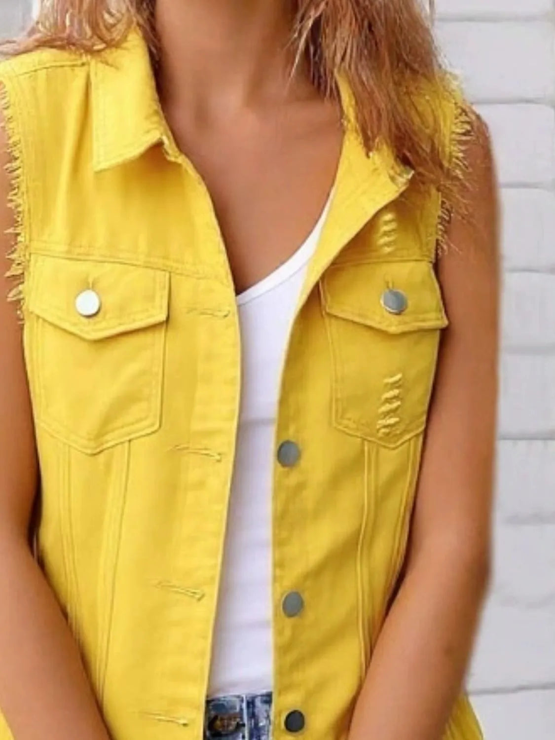 Full Size Sleeveless Frayed Denim Vest Jacket Plus Size