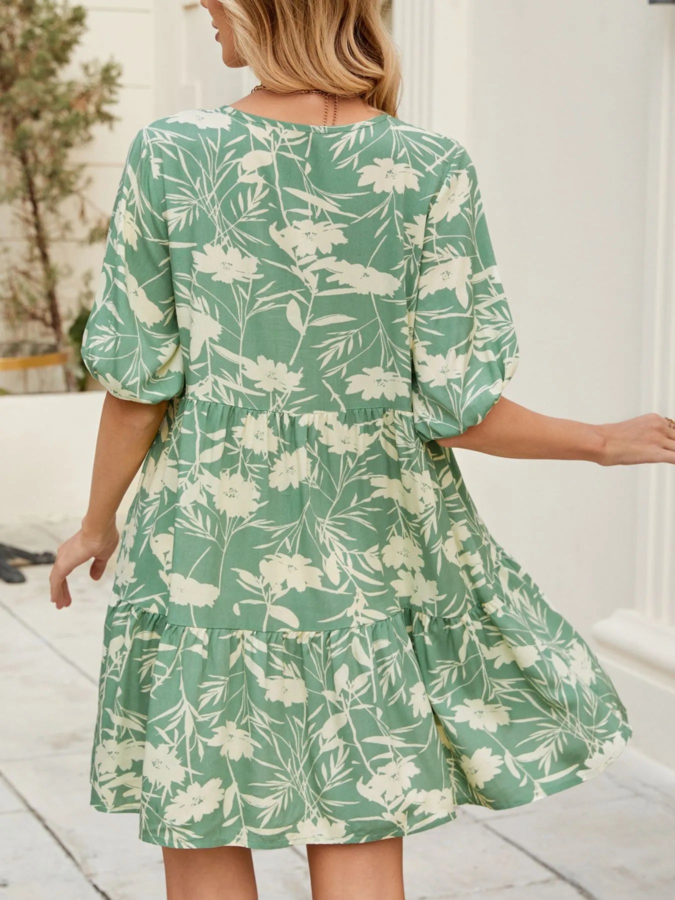 Printed V-Neck Ruffle Hem Mini Dress