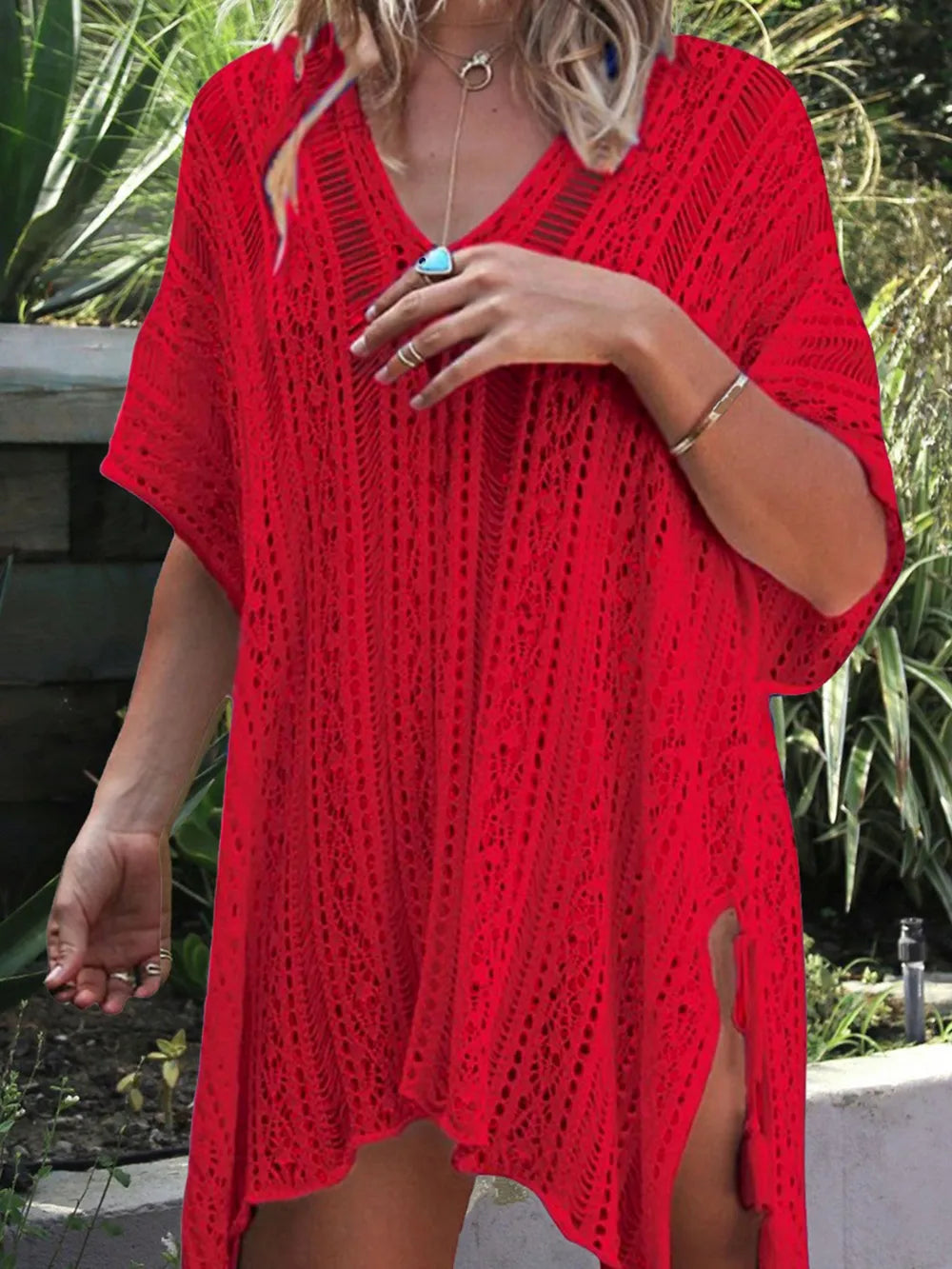 Angel Wings Cutout V-Neck Cover-Up with Tassel Red One Size