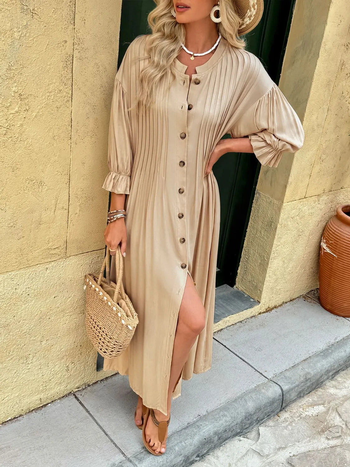 Button Front Flounce Sleeve Dress