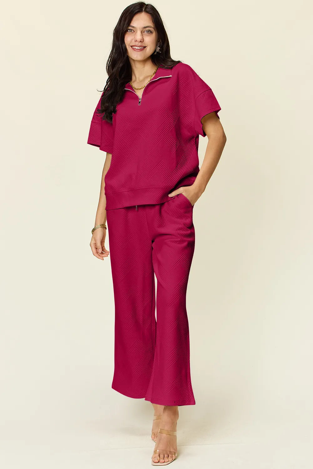 Double Take Full Size Texture Half Zip Short Sleeve Top and Pants Set Hot Pink