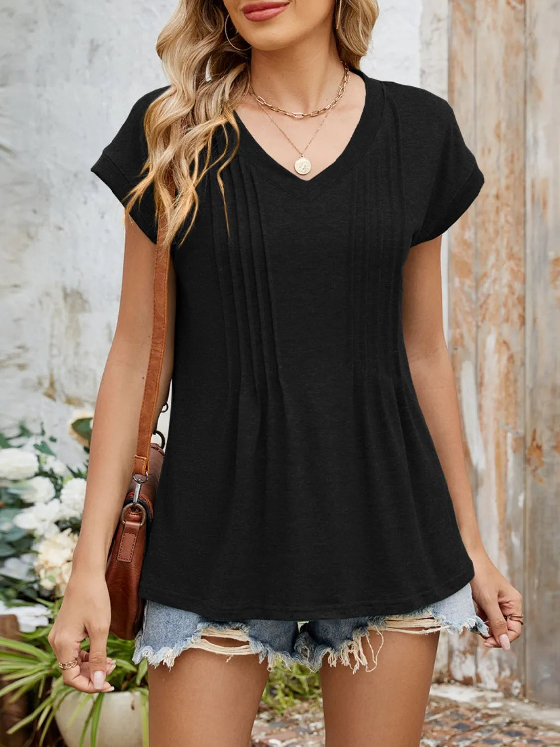 Casual V-Neck Pleated Front T-Shirt Black