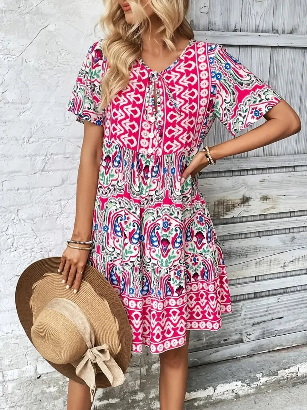 Printed Tie Neck Short Sleeve Dress