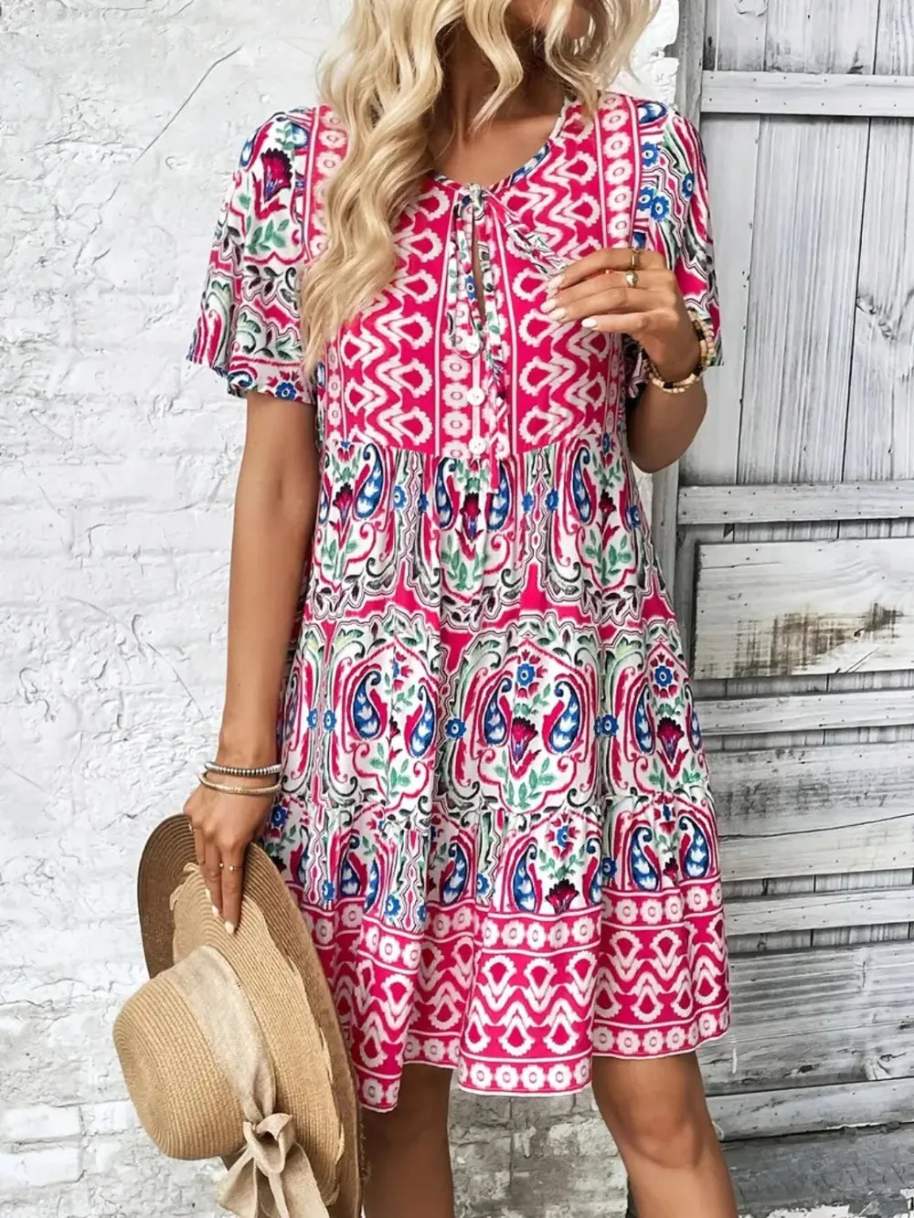 Printed Tie Neck Short Sleeve Dress