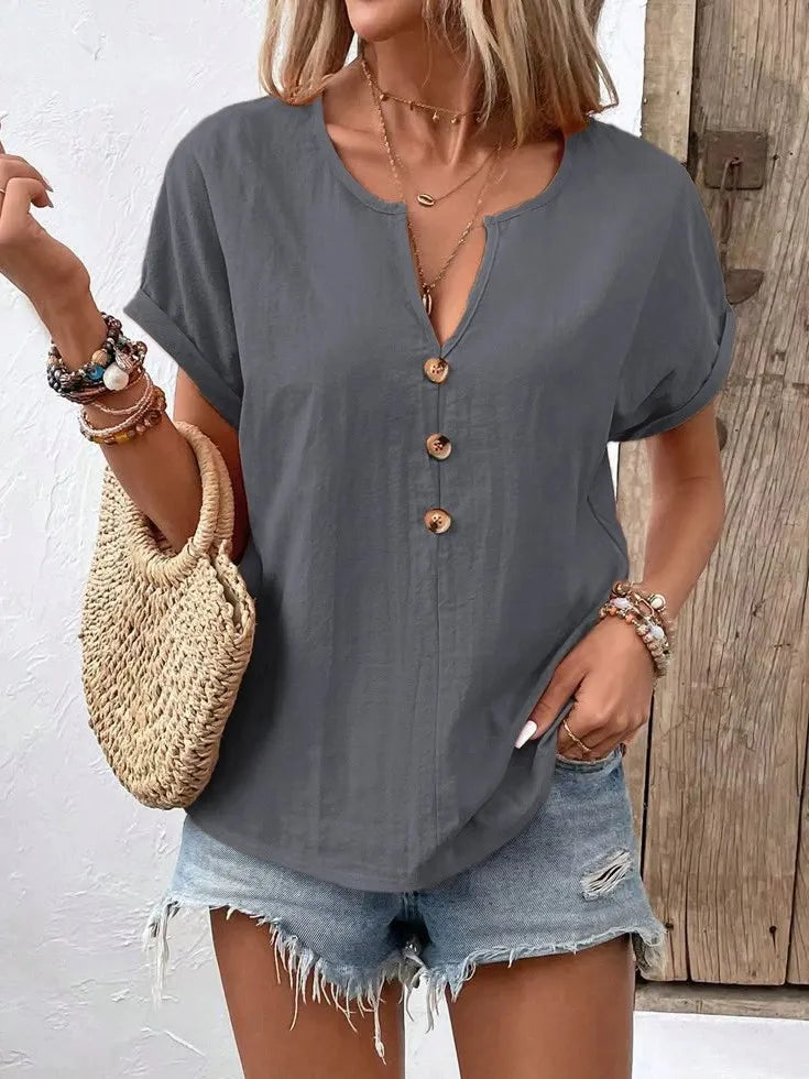 Full Size Notched Short Sleeve Top Plus Size