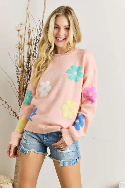ADORA Full Size Flower Popped Sweater Plus Size