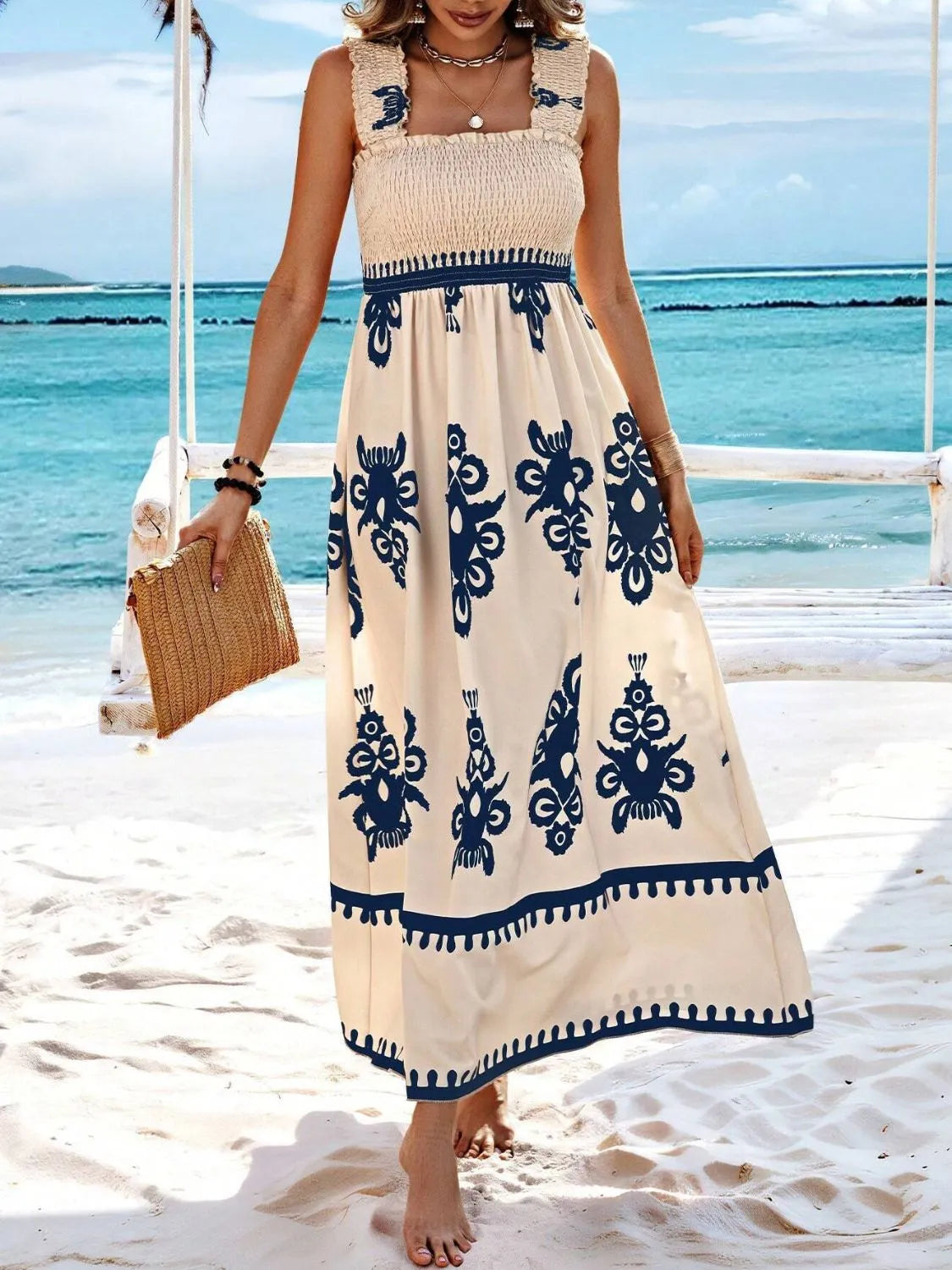 Smocked Printed Wide Strap Maxi Dress Peacock Blue