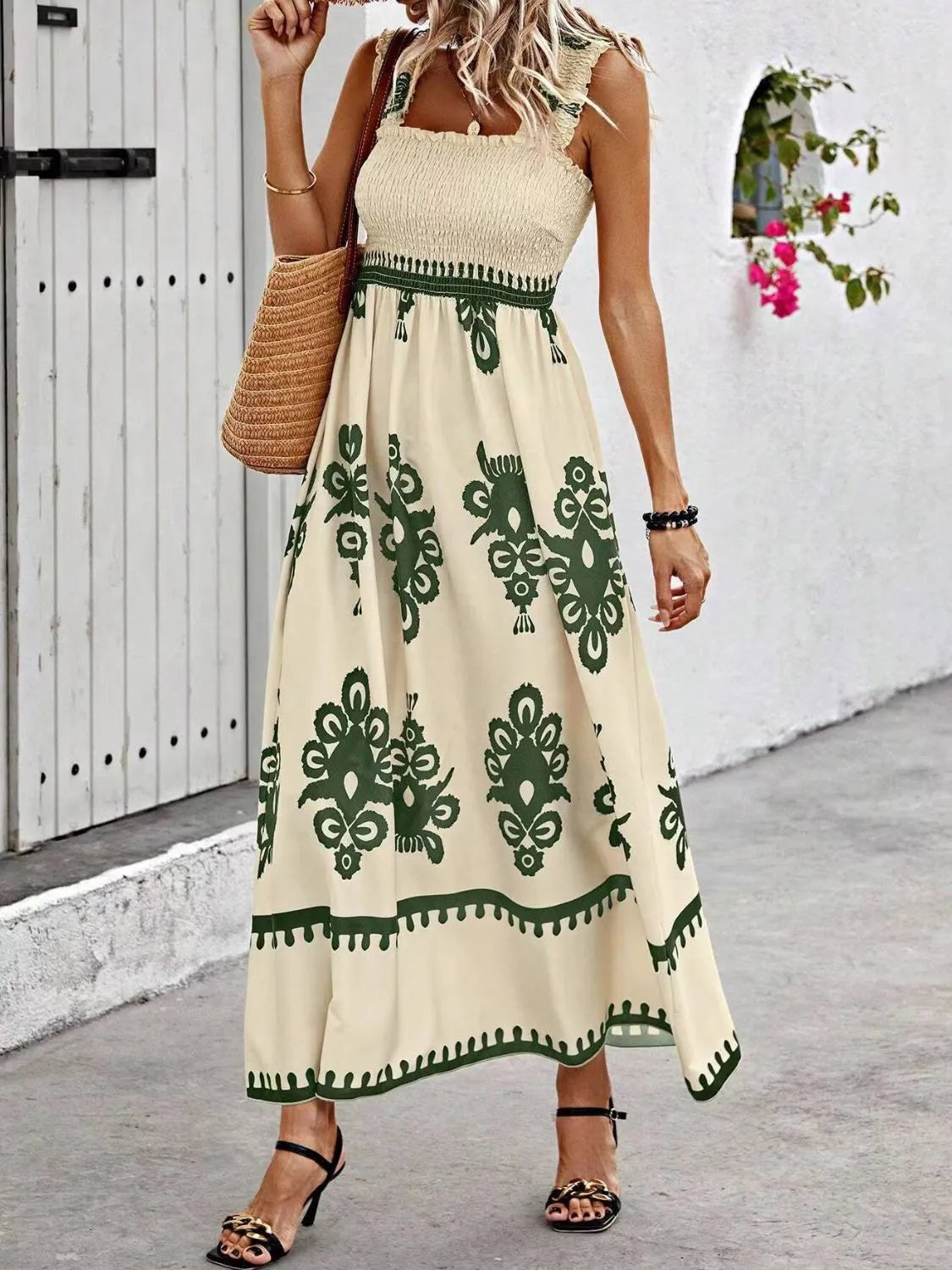 Smocked Printed Wide Strap Maxi Dress Moss