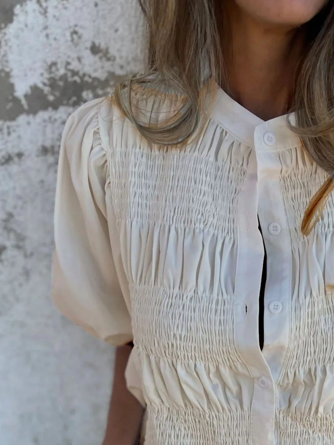 Full Size Smocked Button Front Puff Sleeve Shirt Plus Size