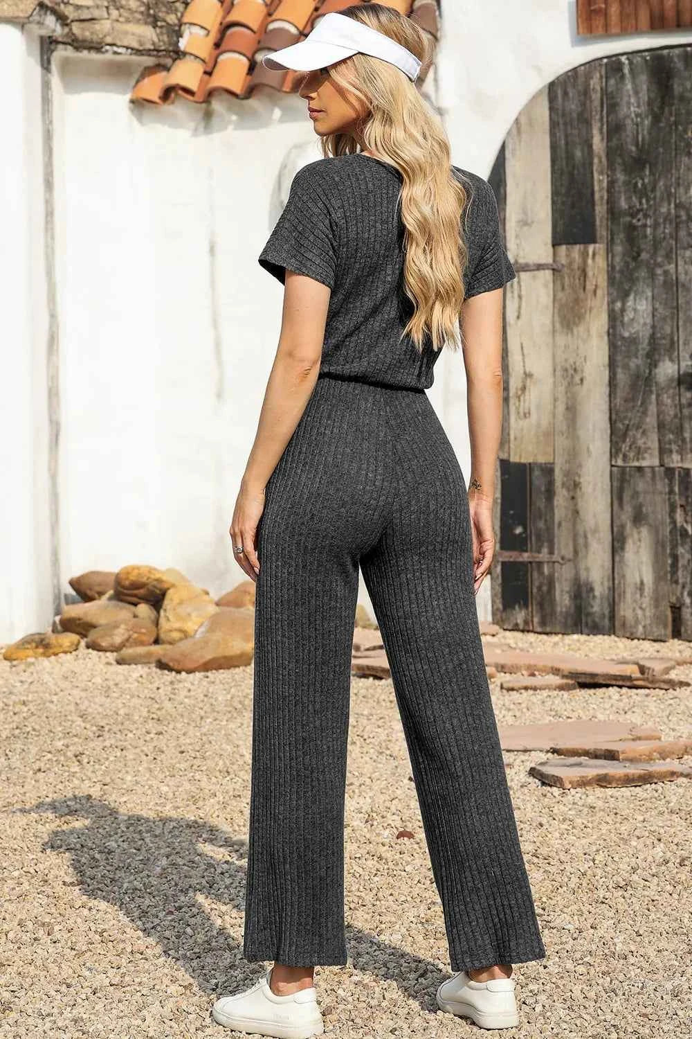 Ribbed Short Sleeve Wide Leg Jumpsuit