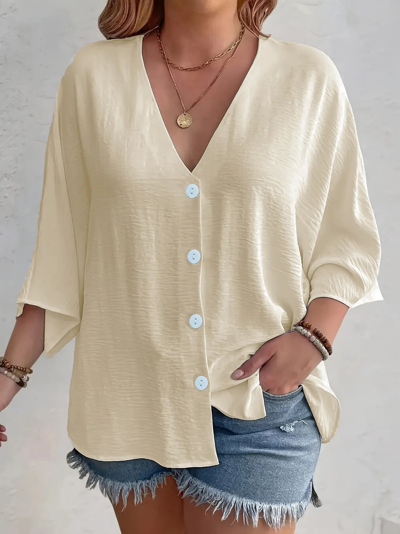 Full Size V-Neck Button Down Shirt Plus Size Apricot