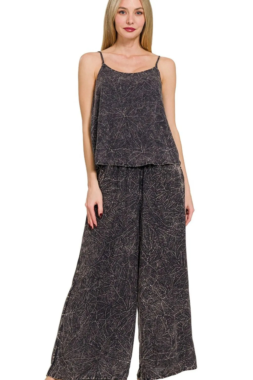Zenana Woven Acid Crinkle Washed Cami & Pants 2 Piece Set ASH BLACK