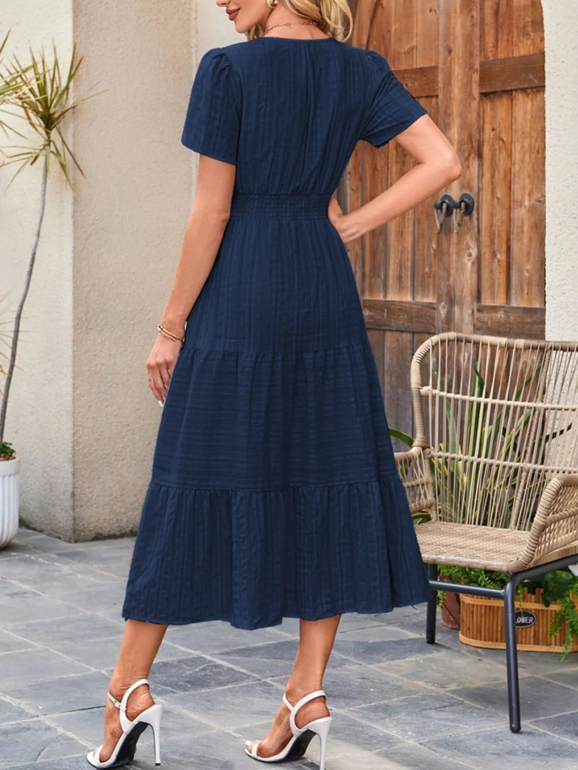 Tiered Notched Short Sleeve Dress