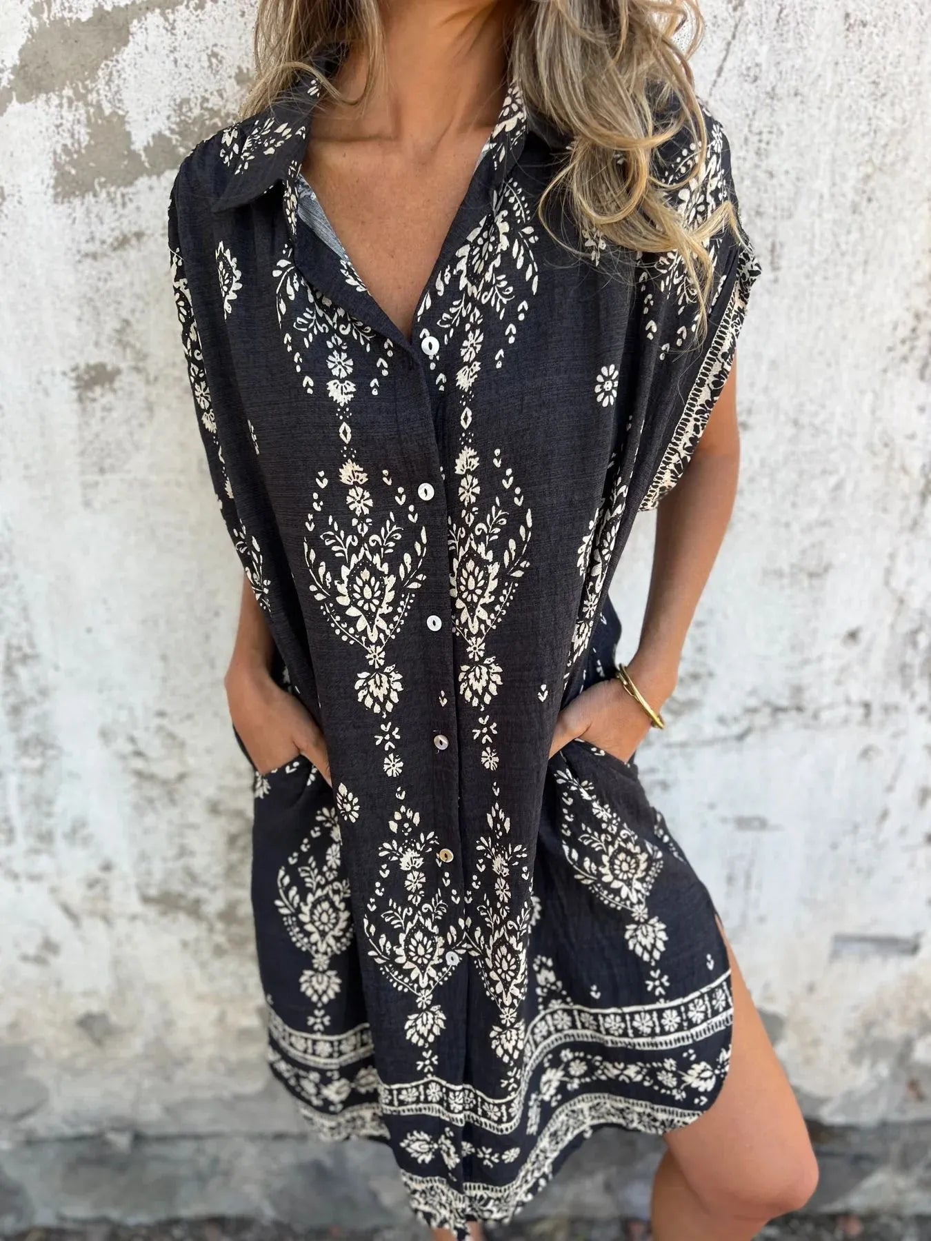 Full Size Printed Short Sleeve Button-Up Shirt Dress Plus Size Black