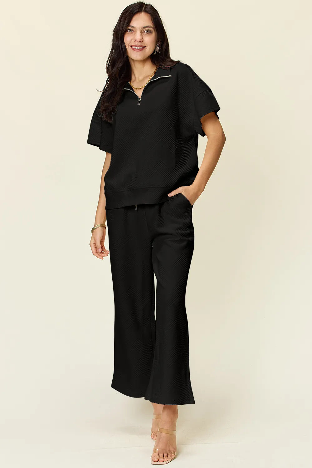 Double Take Full Size Texture Half Zip Short Sleeve Top and Pants Set Black