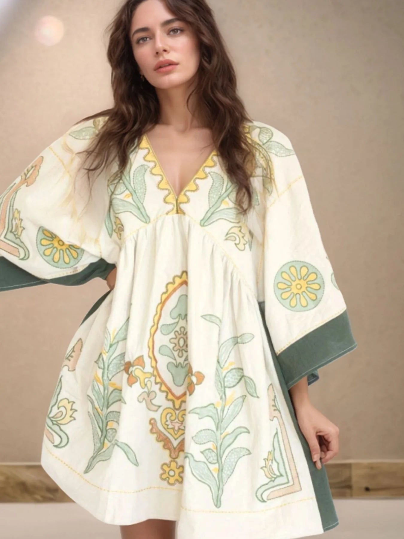 Printed V-Neck Kimono Sleeve Mini Dress Dark Green