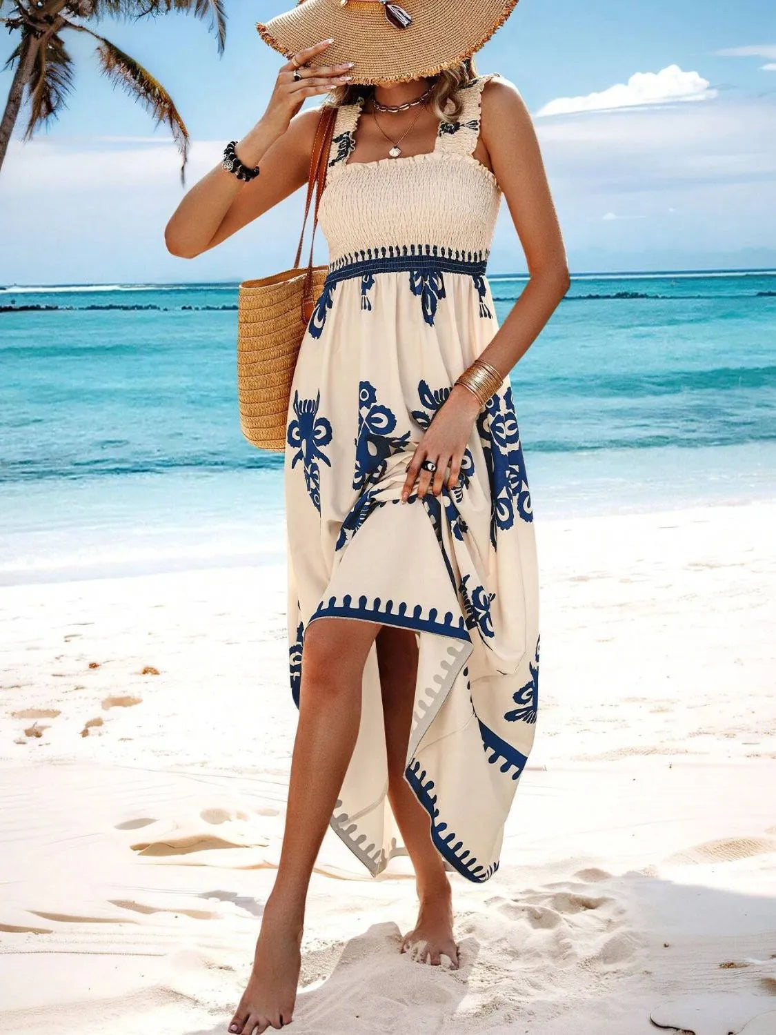 Smocked Printed Wide Strap Maxi Dress